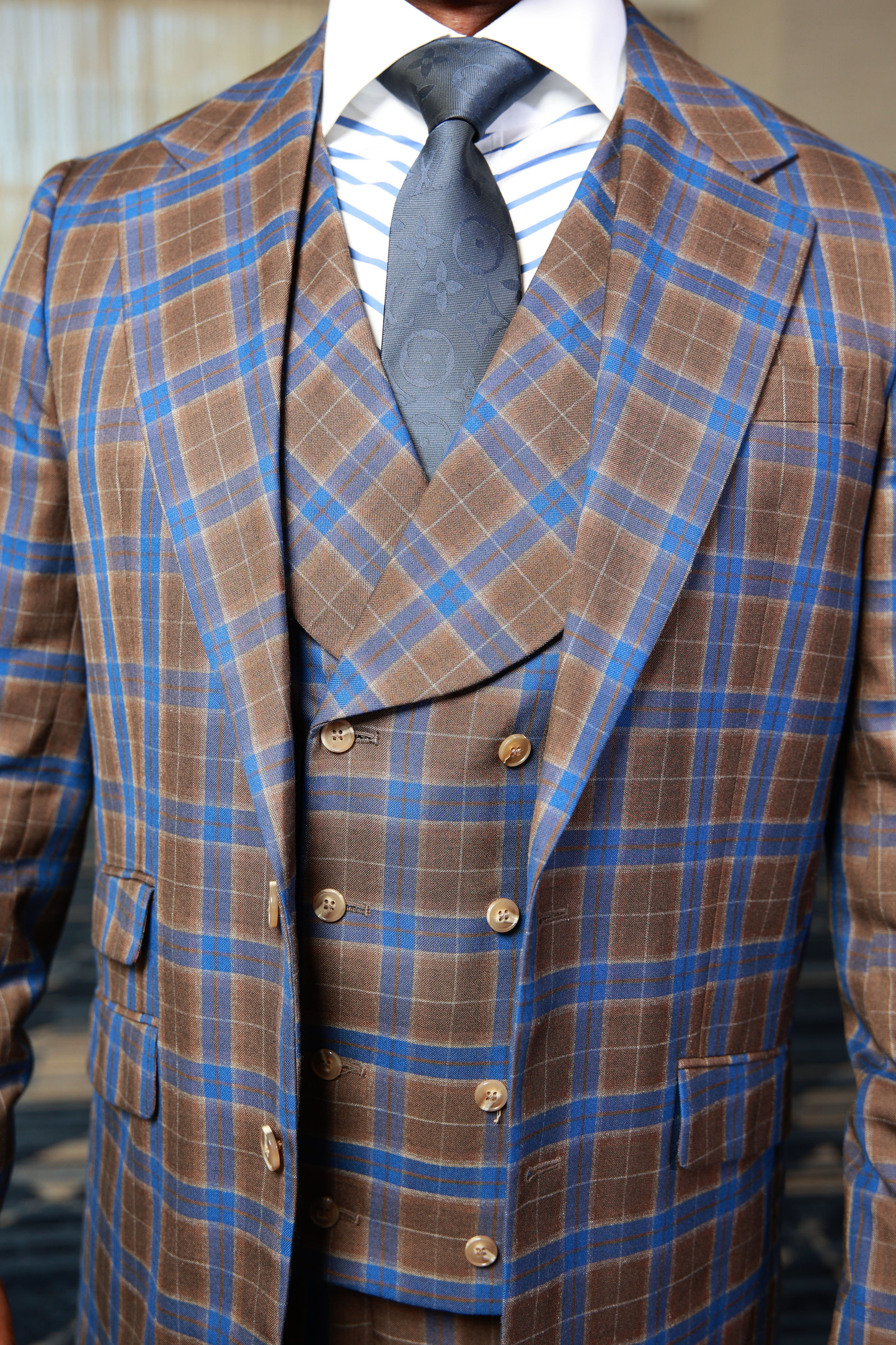 HF Blue Brown Check 3-Piece Suit