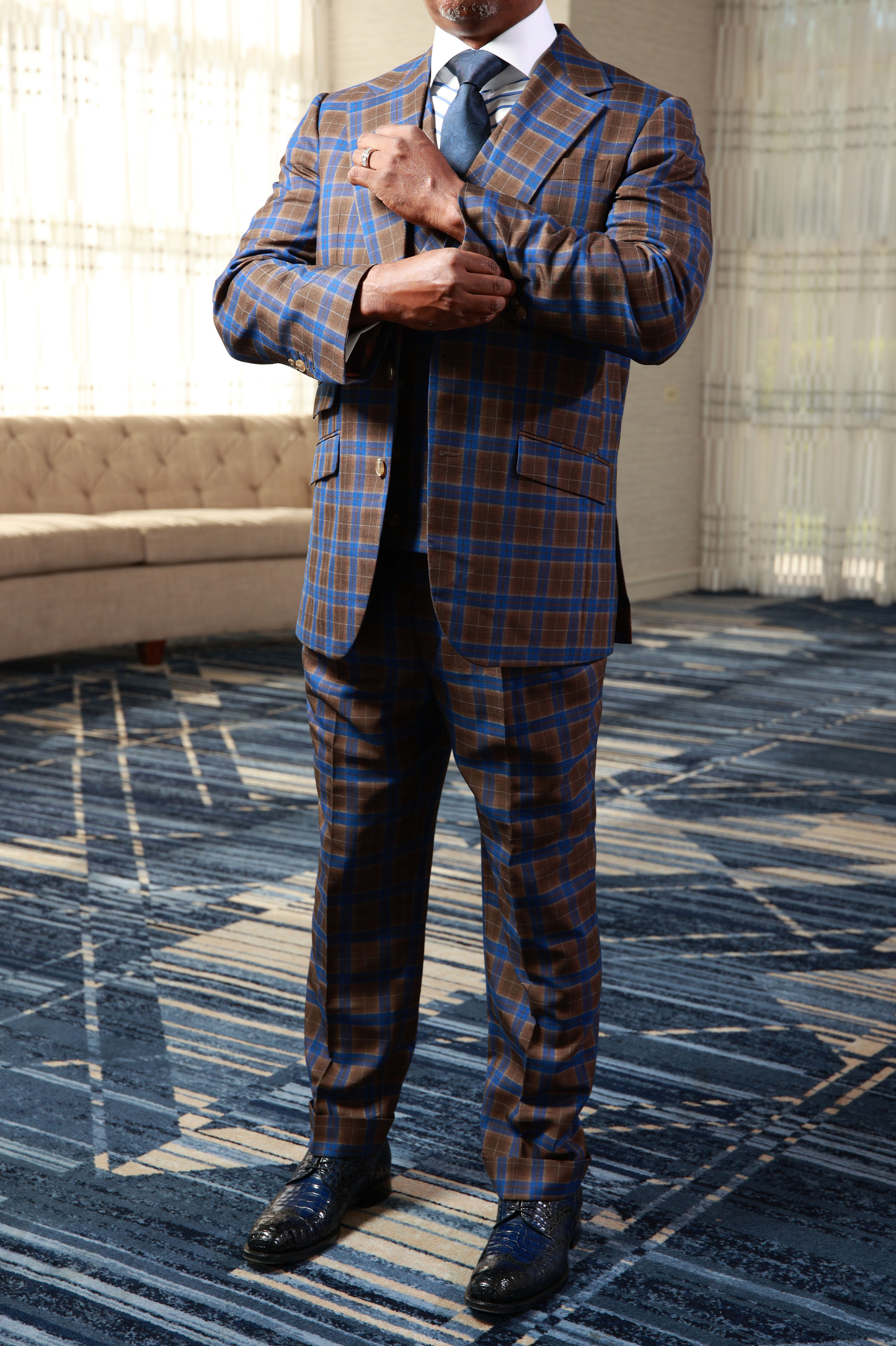 HF Blue Brown Check 3-Piece Suit