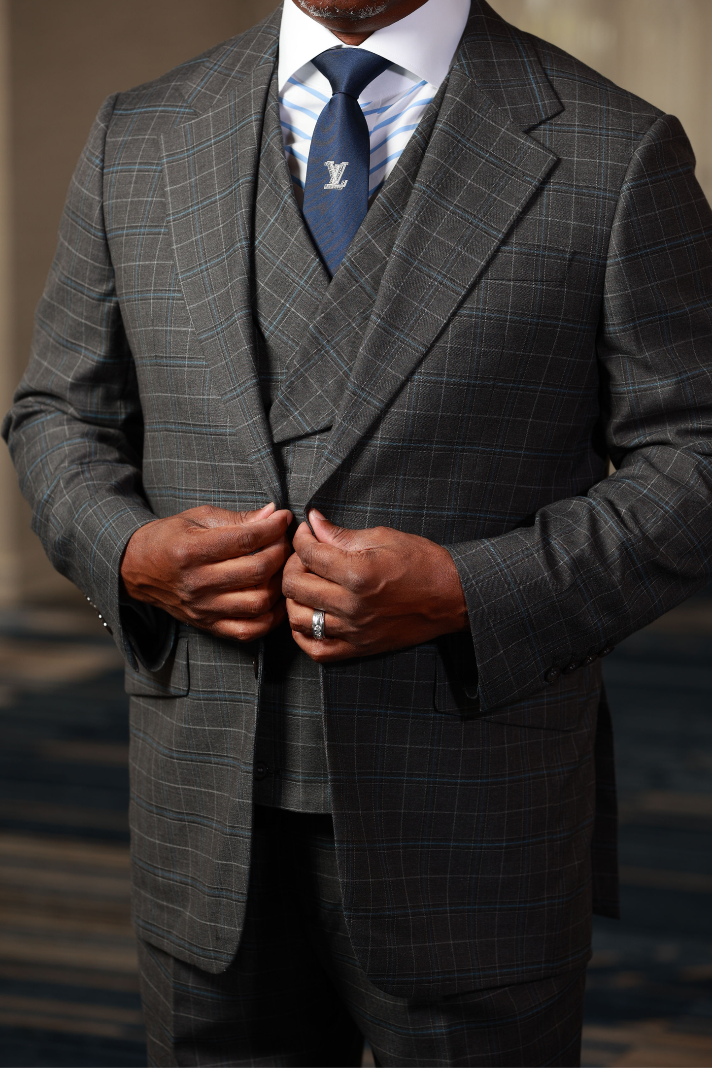 HF Gray Blue Plaid 3-Piece Suit