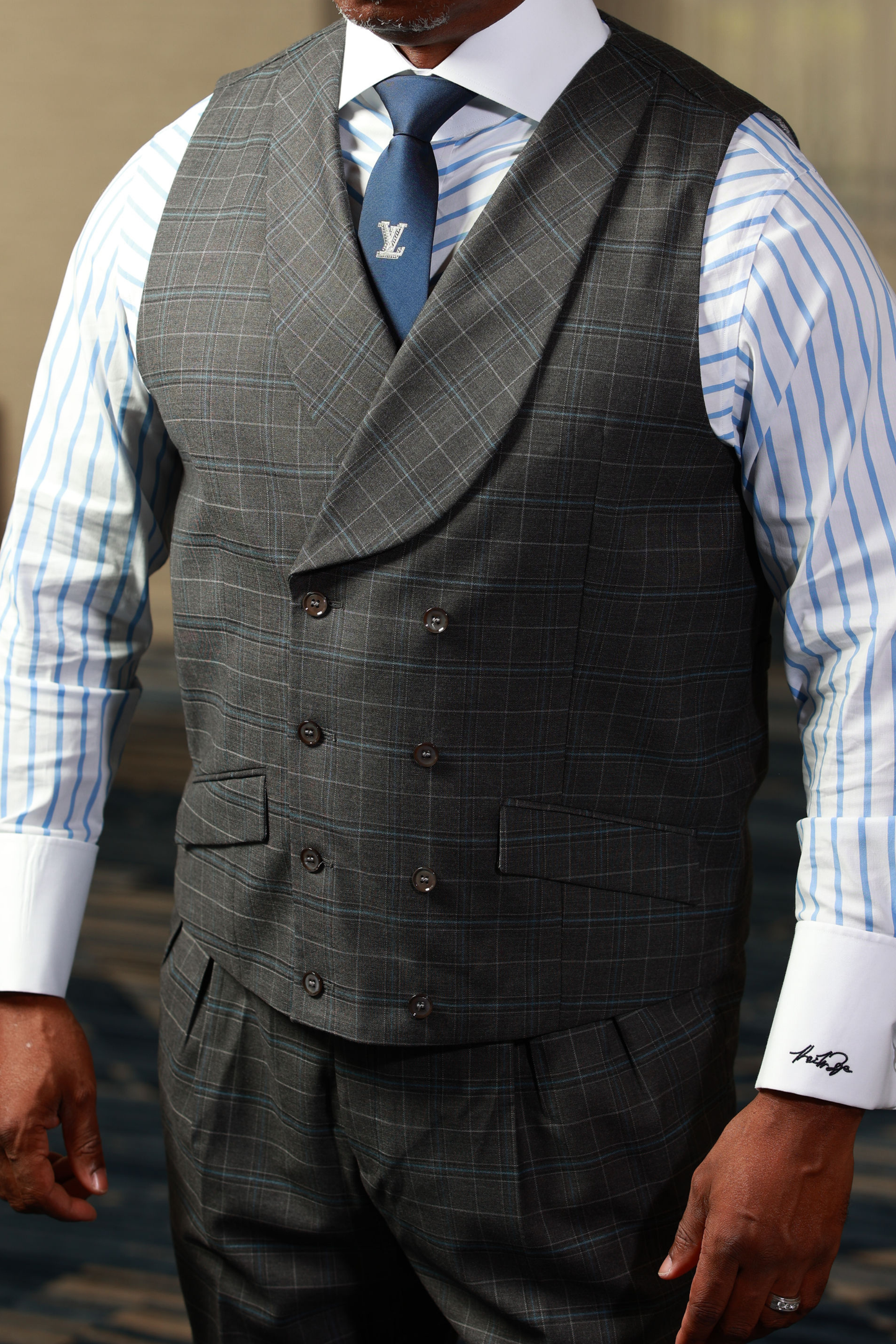 HF Gray Blue Plaid 3-Piece Suit