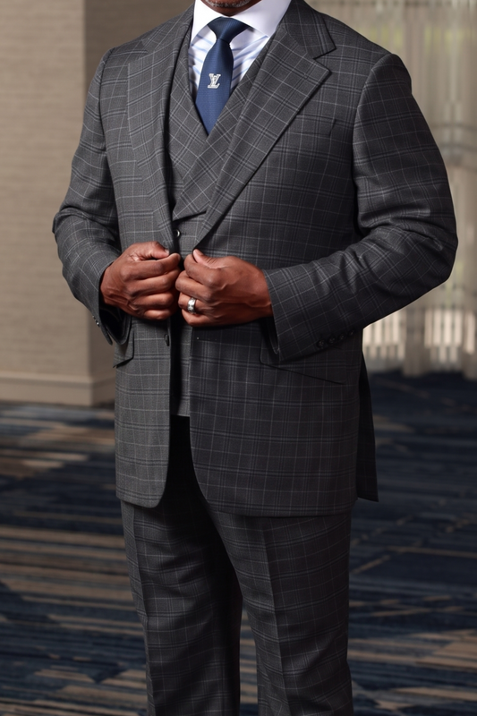 HF Gray Blue Plaid 3-Piece Suit
